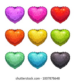 Cute cartoon colorful fluffy hearts, isolated vector icons on white background. Love signs set.