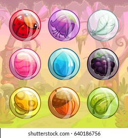 Cute cartoon colorful forest items in the transparent glossy bubbles. Funny assets for game design.