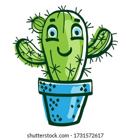 Cute cartoon colorful green cactus in the blue pot. Fantasy funny character for kids. Vector illustrations, cartoon flat style. Can be used for cards, invitations or like sticker