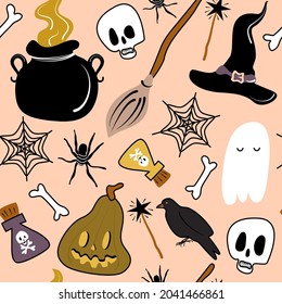 Cute cartoon colorful halloween seamless vector pattern background illustration with pumpkins, bones, skulls, potion, cauldron, ghost, broom, witch hat and crows