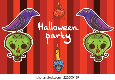 Cute cartoon colorful halloween vector background template with raven, pumpkin, skull, candle. eps 10