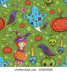 Cute cartoon colorful halloween vector seamless pattern with girl dressed as a witch, ghost, raven, pumpkin, skull, candle. eps 10 