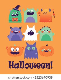 Cute cartoon colorful happy monsters, Halloween monsters vector collection. Funny ghosts, little devils and pumpkins. Kids style illustrations.