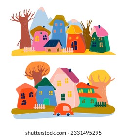 Cute Cartoon Colorful Houses with Autumn Trees