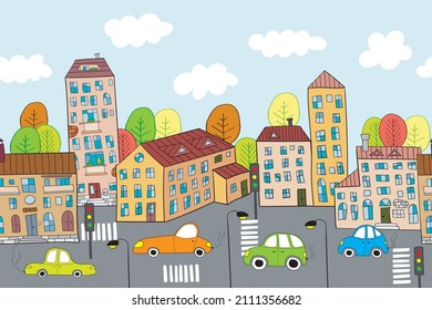 Cute cartoon colorful houses, cars and trees seamless border. Cityscape doodle vector illustration for children.