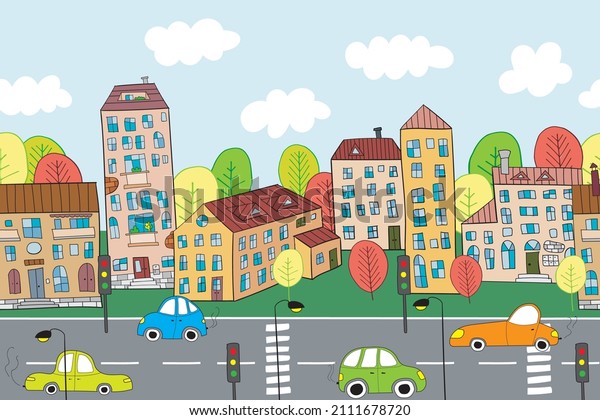 Cute cartoon\
colorful houses, cars and trees seamless border. Cityscape doodle\
vector illustration for\
children.