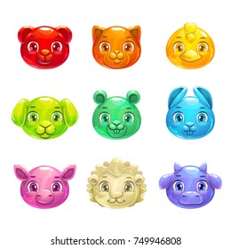 Cute cartoon colorful jelly animals faces. Gummy pets icons for game design. Vector set. Isolated on white background.