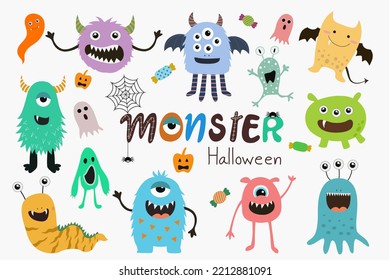 Cute cartoon colorful monsters with different emotions, Halloween monsters collection.