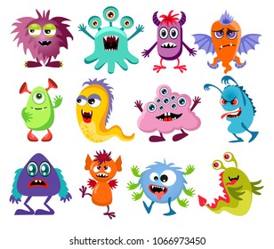 Cute cartoon colorful mosters. Mosters with different emotions collection, vector illustration