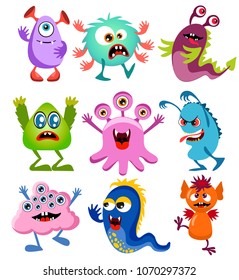 Cute cartoon colorful mosters with different emotions collection, vector illustration. Cartoon monsters or bogeyman set.