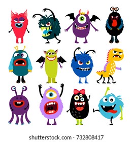 Cute cartoon colorful mosters with different emotions collection, vector illustration