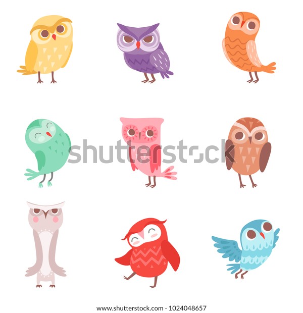 Cute Cartoon Colorful Owls Set Lovely Stock Vector (Royalty Free ...