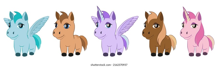 Cute cartoon colorful pony, unicorn, pony with wings. Vector illustration.
