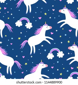 Cute cartoon colorful seamless pattern with unicorns rainbows and stars on blue sky background. Perfect for kids textile, wallpaper, wrapping paper etc. Vector illustration
