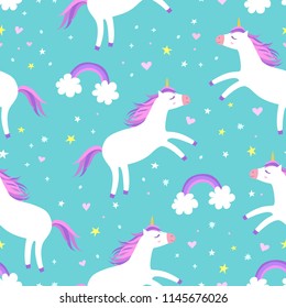 Cute cartoon colorful seamless pattern with unicorns rainbows and stars on mint green background. Perfect for kids textile, wallpaper, wrapping paper etc. Vector illustration