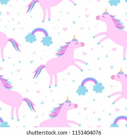 Cute cartoon colorful seamless pattern with pink unicorns rainbows and stars on white background. Perfect for kids textile, wallpaper, wrapping paper etc. Vector illustration