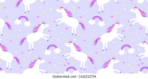 Cute cartoon colorful seamless pattern with white unicorns rainbows and stars on violet background. Perfect for kids textile, wallpaper, wrapping paper etc. Vector illustration