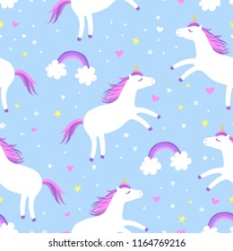 Cute cartoon colorful seamless pattern with white unicorns rainbows and stars on blue background. Perfect for kids textile, wallpaper, wrapping paper etc. Vector illustration