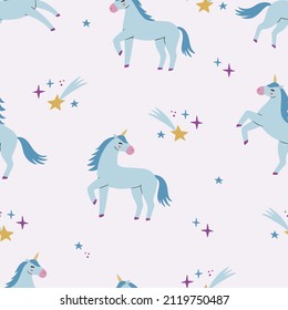 Cute cartoon colorful seamless pattern with unicorns and stars on pastel background. Perfect for kids textile, wallpaper, wrapping paper etc. Vector illustration