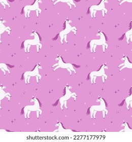 Cute cartoon colorful seamless pattern with unicorns and stars on pastel background. Perfect for kids textile, wallpaper, wrapping paper etc. Vector illustration