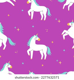 Cute cartoon colorful seamless pattern with unicorns and stars on pastel background. Perfect for kids textile, wallpaper, wrapping paper etc. Vector illustration