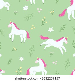 Patrón inconsútil colorido lindo de la historieta con los unicornios y las flores en fondo verde pastel. Perfecto para niños textiles, Fondo de pantalla, papel de embalaje, etc. Ilustración vectorial