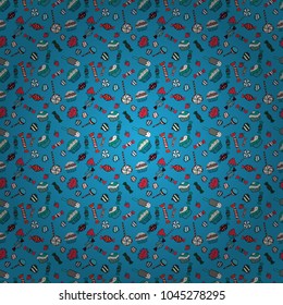 Cute cartoon colorful seamless vector pattern with candies and cotton candy. Candies on blue, black and white colors. Vector.