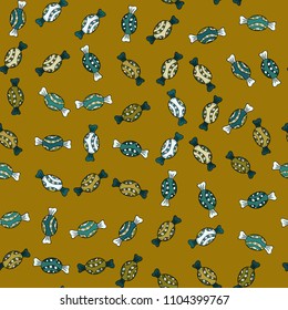 Cute cartoon colorful seamless vector pattern with candies and cotton candy. Candies on brown, blue and black colors. Vector.