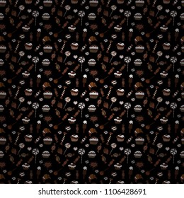 Cute cartoon colorful seamless vector pattern with candies and cotton candy. Candies on black, brown and white colors. Vector.