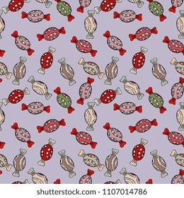 Cute cartoon colorful seamless vector pattern with candies and cotton candy. Candies on neutral, black and gray colors. Vector.