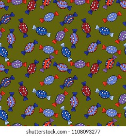 Cute cartoon colorful seamless vector pattern with candies and cotton candy. Candies on green, blue and black colors. Vector.