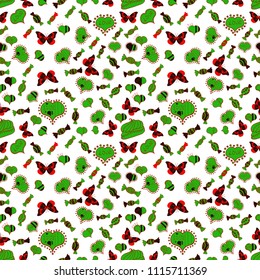 Cute cartoon colorful seamless vector pattern with candies and cotton candy. Candies on white, green and red colors. Vector.