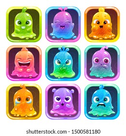 Cute cartoon colorful slimy characters in the square frames. Slime game logo set. Funny GUI assets. Vector icons for app design.