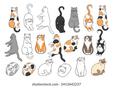 Cute cartoon colorful smiling cats in different poses. Vector cat set isolated on white background 