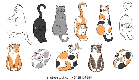 Cuto dibujo animado colorido gatos sonrientes en diferentes poses. Gato vectorial aislado en fondo blanco 