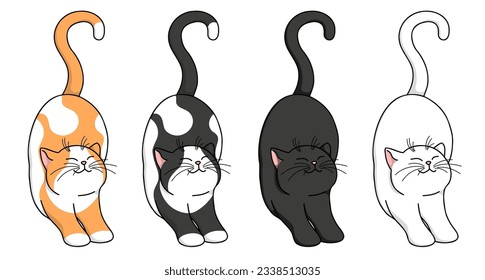 Cute cartoon colorful smiling stretching cats. Vector cat set isolated on white background 