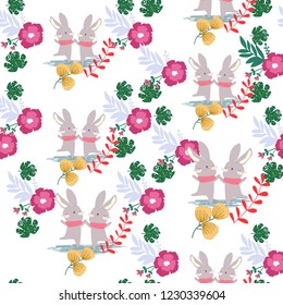 Cute cartoon colorful sweet pink and yellow flower and rabbit friend seamless pattern,illustration vector by freehand doodle comic art