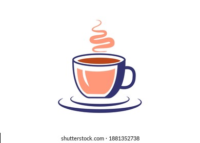 cute cartoon colorful  tea cup with hot tea with saucer isolated on white background vector icon for menu covers, backgrounds illustration.