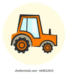 Cute cartoon colorful tractor icon, orange agriculture transport icon