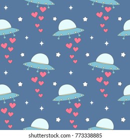 cute cartoon colorful ufo with hearts  seamless vector pattern background illustration