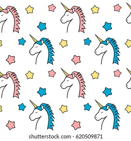 cute cartoon colorful unicorn with stars seamless vector pattern background illustration