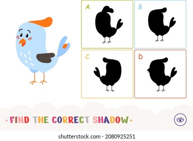 Cute cartoon colorfull blue bird with crest find the correct shadow quiz for youngest children. Simple birdie isolated on white. Coloring pages for fun and learning for kids.