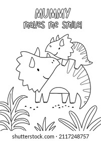 Cute cartoon coloring page with Dinosaur mom and baby. Mother's Day vector printable worksheets for preschool