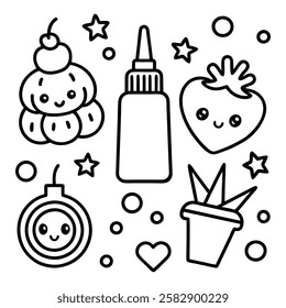 Cute cartoon coloring page elements: ice cream, strawberry, glue bottle, plant, and more.
