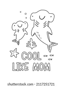 Cute cartoon coloring page with hammerhead shark mom and baby. Mother's Day vector printable worksheets for preschool