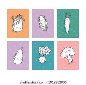 Cute cartoon coloring page for kids with celery, beets, carrots, broccoli, corn, potatoes, green peas, zucchini, tomato, pumpkin, radish, garlic, pepper, fennel, champignon, spinach, artichoke