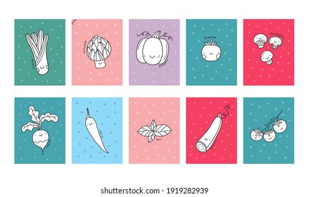 Cute cartoon coloring page for kids with celery, beets, carrots, broccoli, corn, potatoes, green peas, zucchini, tomato, pumpkin, radish, garlic, pepper, fennel, champignon, spinach, artichoke