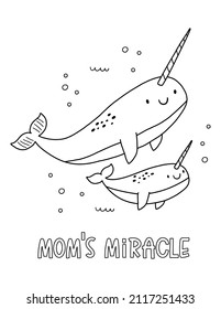 Cute cartoon coloring page with narwhal mom and baby. Mother's Day vector printable worksheets for preschool