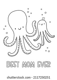 Cute cartoon coloring page with octopus mom and baby. Mother's Day vector printable worksheets for preschool