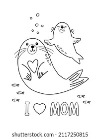 Cute cartoon coloring page with Seal mom and baby. Mother's Day vector printable worksheets for preschool